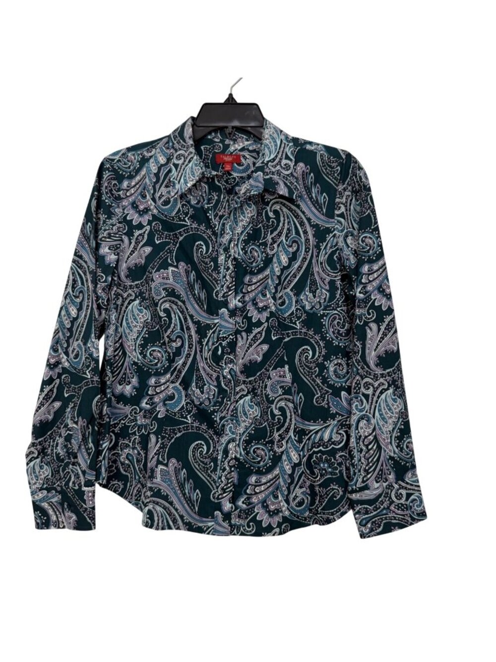 Talbots Women Petite Paisley Button-Up Shirt Size 10P Cotton Blend Teal & Purple